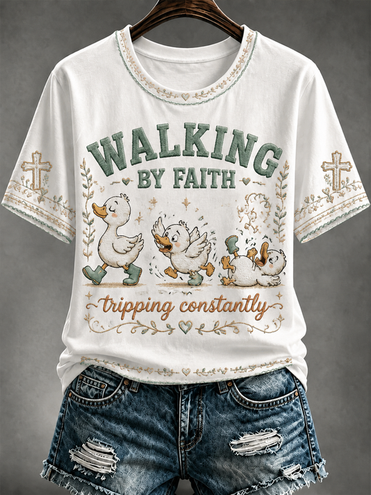 Women's Walking by faith tripping constantly short-sleeved T-shirt