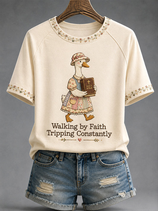 Women's Walking By Faith Tripping Constantly Goose Print Casual Christian Inspirational Tee
