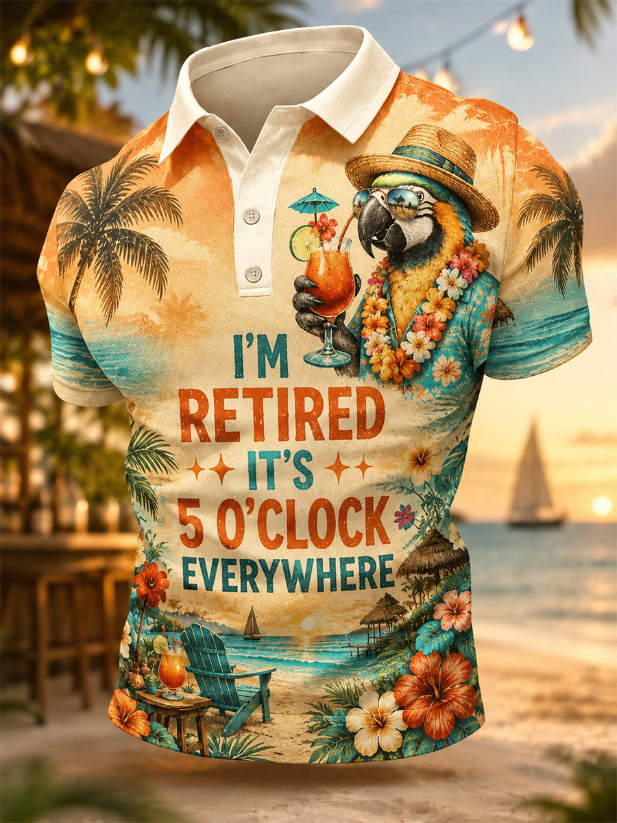 Men's I'm Retired It's 5 O'clock Everywhere Parrot Print Casual Polo