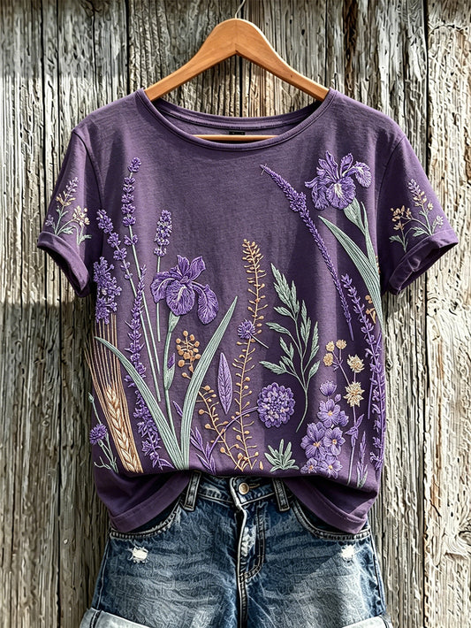 Women's purple plant flower pattern printed casual T-shirt