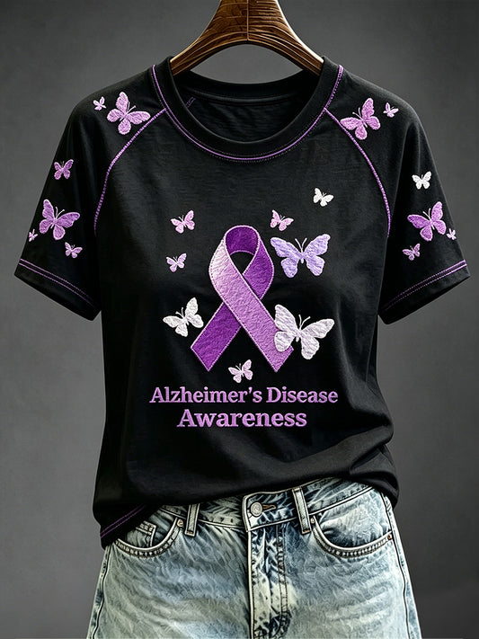 Women's Purple Ribbon Awareness Print Contrast Sleeve Round Neck T-shirt