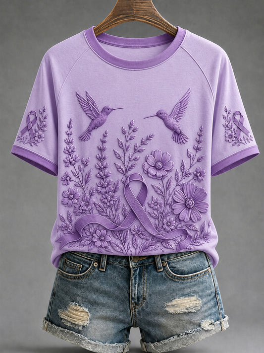 Women's Alzheimer's Awareness Dementia Support Purple Ribbon Purple Floral & Hummingbird  Art  Tee
