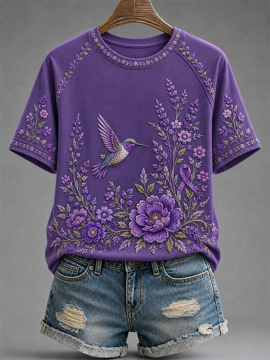 Women's Purple Floral & Hummingbird Print Alzheimer's Awareness Support Tee