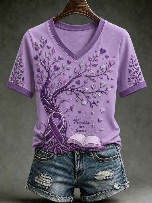 Women's Alzheimer's Awareness Dementia Support Purple Ribbon Purple Floral & Hummingbird  Art  Tee