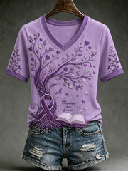 Women's Alzheimer's Awareness Dementia Support Purple Ribbon Purple Floral & Hummingbird  Art  Tee