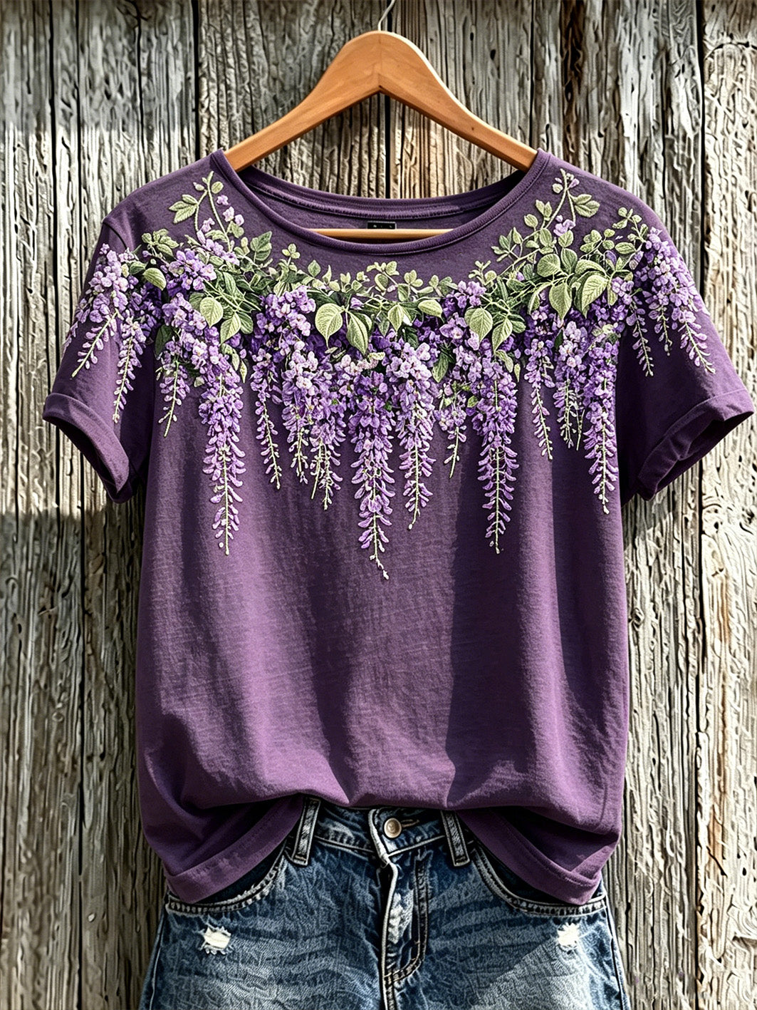 Women's Purple Plant Flower Pattern Printed Casual Short-Sleeved T-shirt