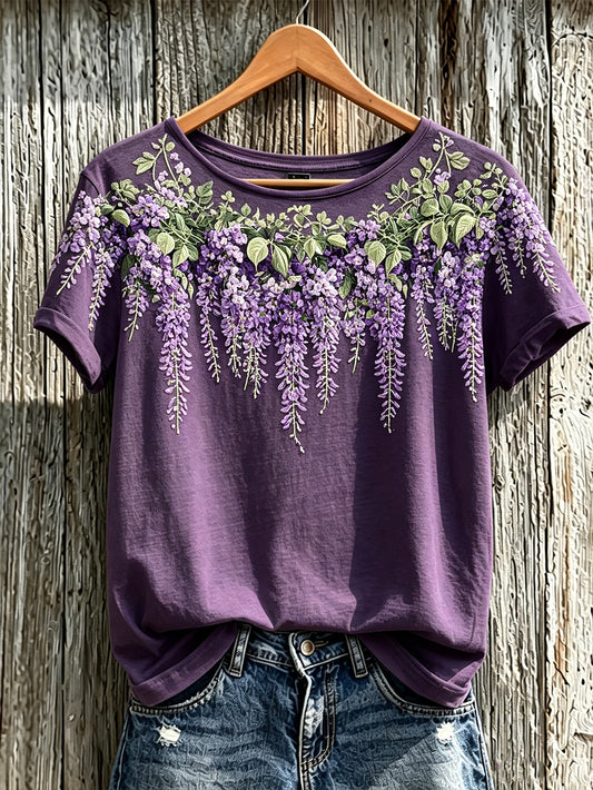 Women's Purple Plant Flower Pattern Printed Casual Short-Sleeved T-shirt