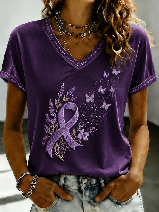 Women's Purple Flora Art Printed V-neck T-shirt