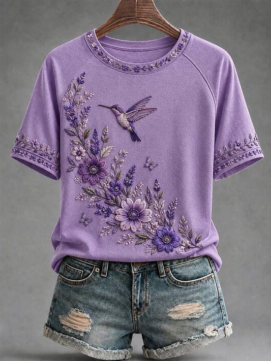 Women's Purple Floral & Hummingbird Print Alzheimer's Awareness Support Tee