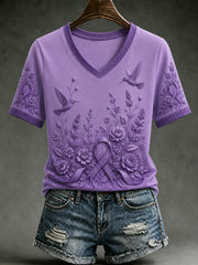 Women's Alzheimer's Awareness Dementia Support Purple Ribbon Purple Floral & Hummingbird  Art  Tee