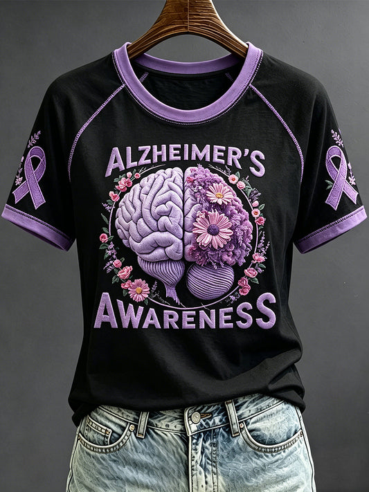 Women's Purple Ribbon Awareness Print Round Neck Short Sleeve T-shirt