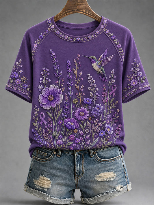 Women's Purple Floral & Hummingbird Print Alzheimer's Awareness Support Tee