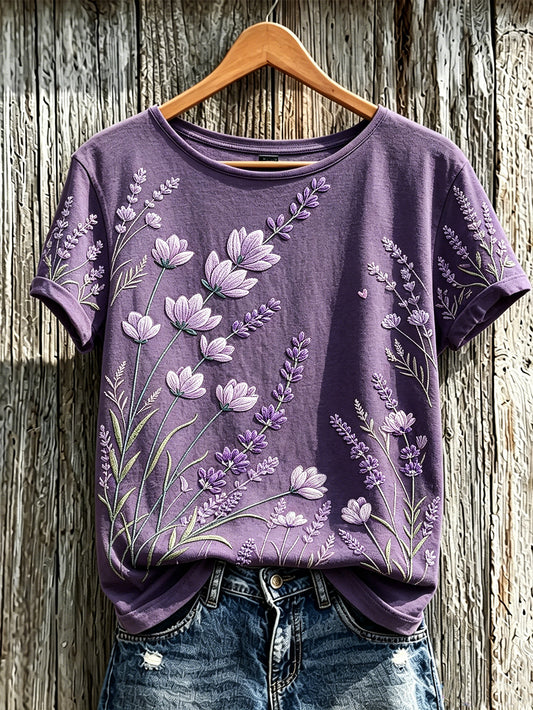 Women's Purple Plant Flower Pattern Printed Casual Short-Sleeved T-shirt