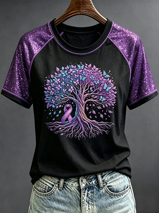 Women's Purple Ribbon Tree Glitter Art Print Round Neck Short Sleeve T-shirt