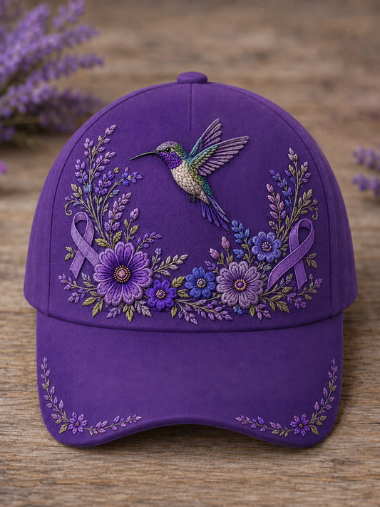 Unisex Purple Floral & Hummingbird Print Alzheimer's Awareness Support Hat