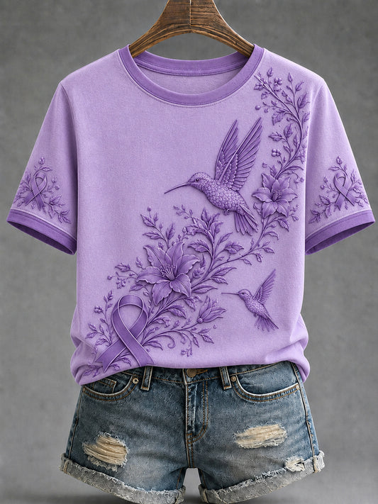 Women's Alzheimer's Awareness Dementia Support Purple Ribbon Purple Floral & Hummingbird  Art  Top