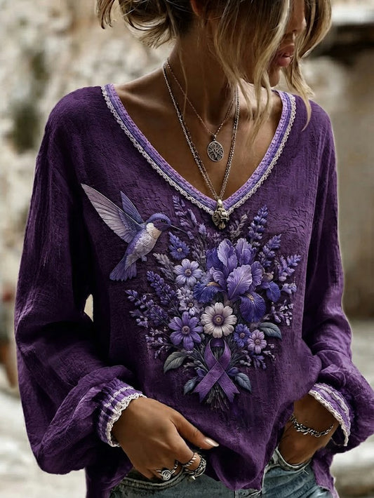 Women's Alzheimer's Awareness Printed Cotton-Linen Shirt
