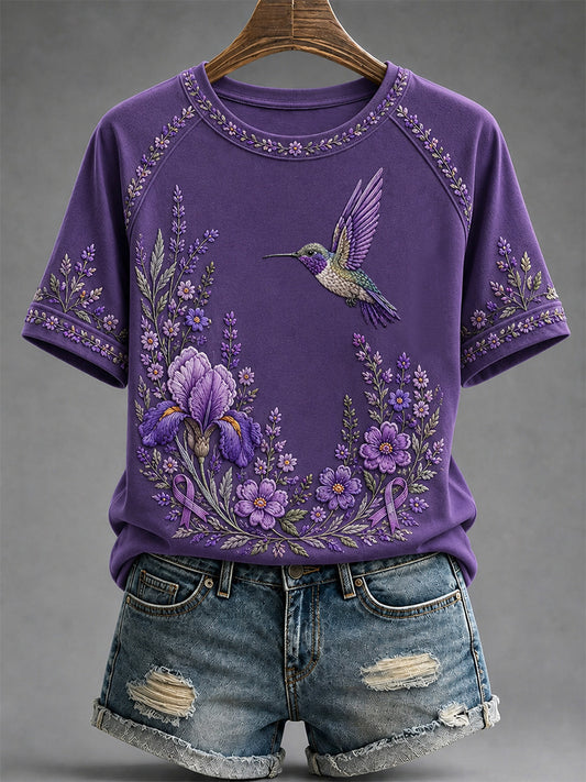 Women's Purple Floral & Hummingbird Print Alzheimer's Awareness Support Tee