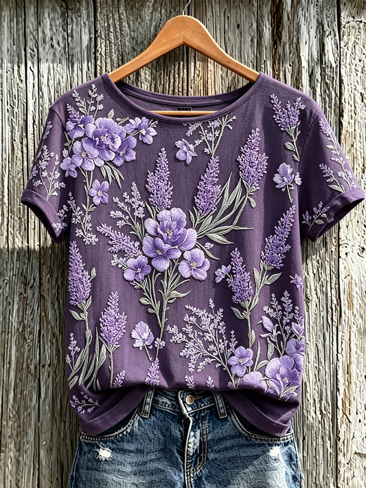 Women's Purple Plant Flower Pattern Printed Casual Short-Sleeved T-shirt