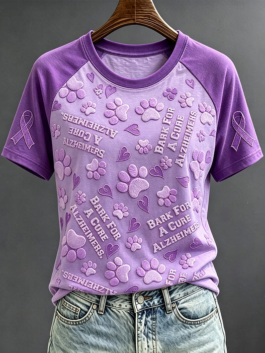 Women's Alzheimer Paws Purple Ribbon Print Round Neck Short Sleeve T-shirt