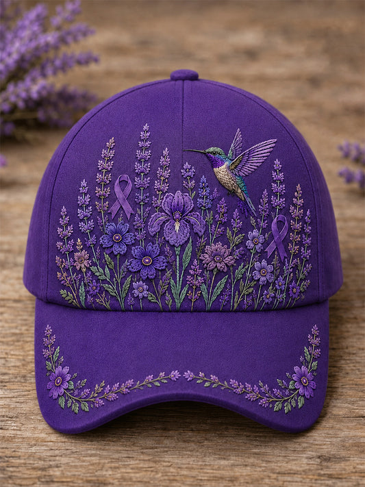 Unisex Purple Floral & Hummingbird Print Alzheimer's Awareness Support Hat