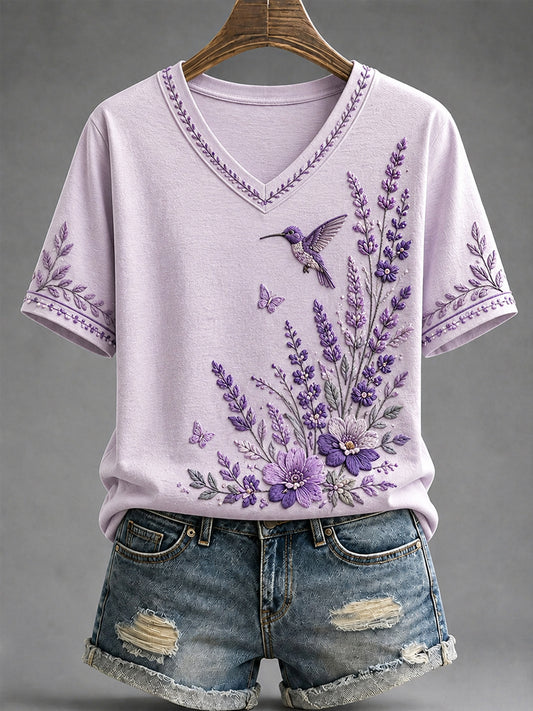 Women's Purple Floral & Hummingbird Print Alzheimer's Awareness Support V-Neck Tee