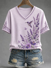 Women's Purple Floral & Hummingbird Print Alzheimer's Awareness Support V-Neck Tee