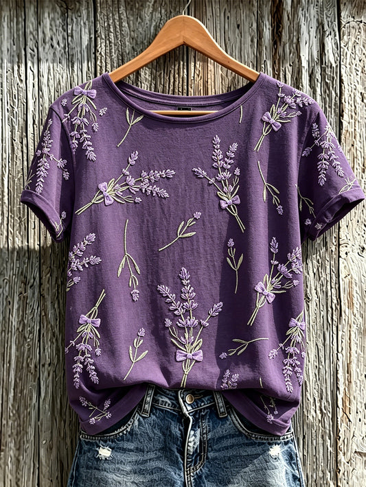 Women's Purple Plant Flower Pattern Printed Casual Short-Sleeved T-shirt