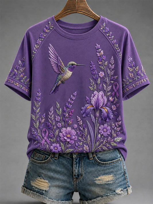 Women's Purple Floral & Hummingbird Print Alzheimer's Awareness Support Tee