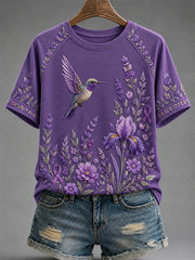 Women's Purple Floral & Hummingbird Print Alzheimer's Awareness Support Tee