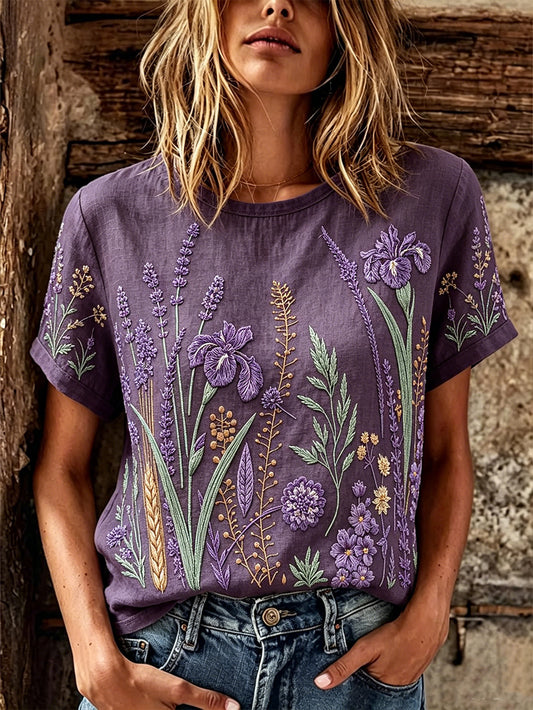 Women's purple plant flower pattern printed casual linen short-sleeved T-shirt