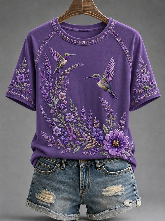 Women's Purple Floral & Hummingbird Print Alzheimer's Awareness Support Tee