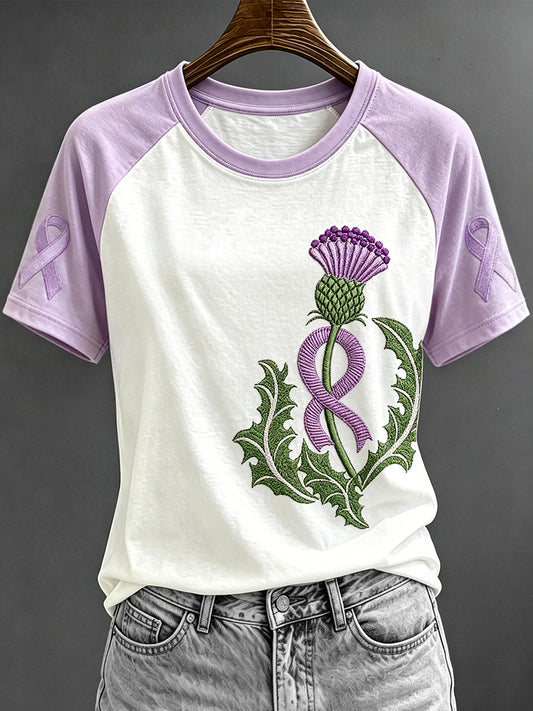 Women's Purple Ribbon Scottish Thistle Print Contrast Sleeve Round Neck T-shirt