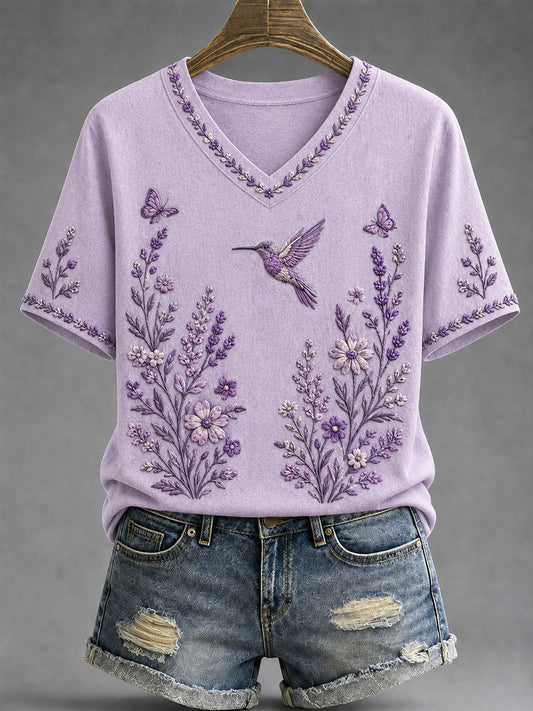 Women's Purple Floral & Hummingbird Print Alzheimer's Awareness Support V-Neck Tee