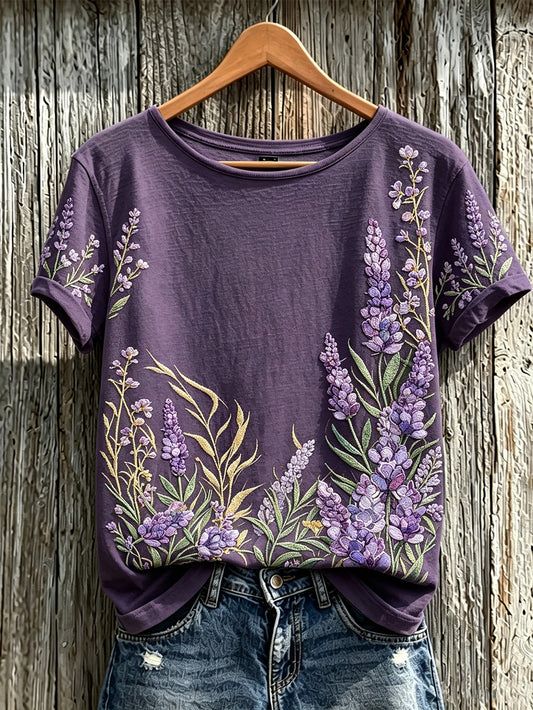 Women's Purple Plant Flower Pattern Printed Casual Short-Sleeved T-shirt