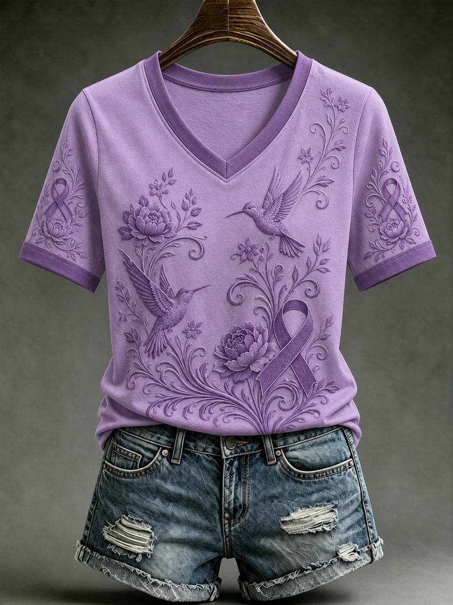 Women's Alzheimer's Awareness Dementia Support Purple Ribbon Purple Floral & Hummingbird  Art  Tee