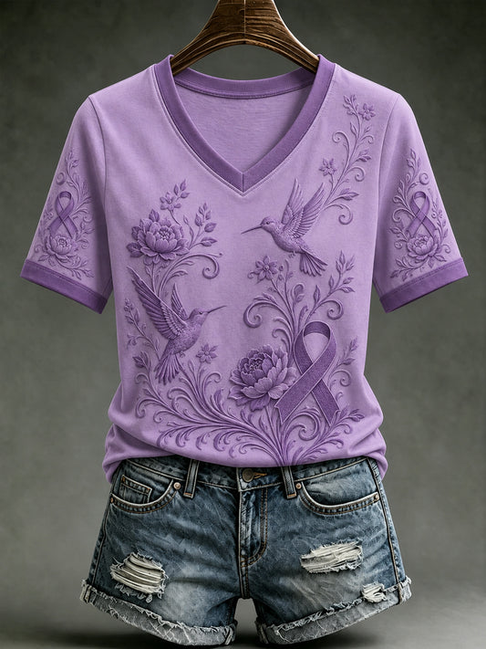 Women's Alzheimer's Awareness Dementia Support Purple Ribbon Purple Floral & Hummingbird  Art  Tee