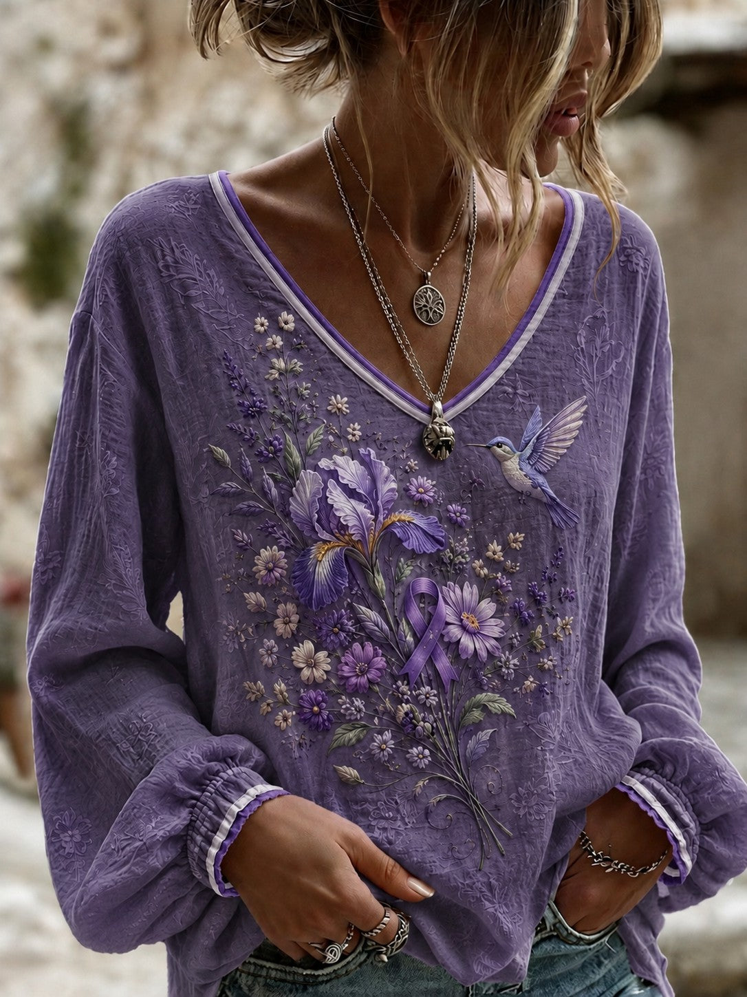 Women's Alzheimer's Awareness Printed Cotton-Linen Shirt