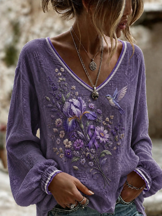 Women's Alzheimer's Awareness Printed Cotton-Linen Shirt