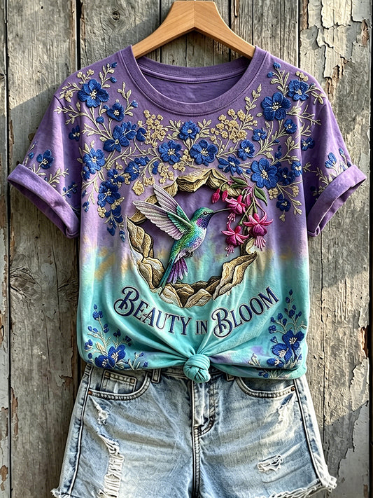 Women's Beauty In Bloom Hummingbird Floral Print Short-sleeved T-shirt