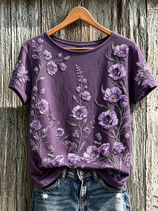 Women's Purple Plant Flower Pattern Printed Casual Short-Sleeved T-shirt