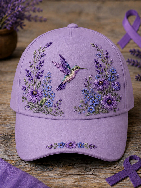 Unisex Purple Floral & Hummingbird Print Alzheimer's Awareness Support Hat