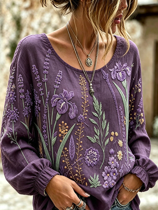 Women's Purple Plant Flower Pattern Printed Casual Cotton-Linen Shirt