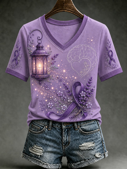 Women's Alzheimer's Awareness Dementia Support Purple Ribbon Purple Floral & Hummingbird  Art  Tee