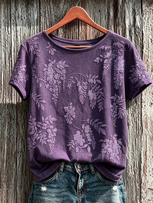 Women's Purple Plant Flower Pattern Printed Casual Short-Sleeved T-shirt