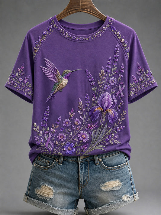 Women's Purple Floral & Hummingbird Print Alzheimer's Awareness Support Tee