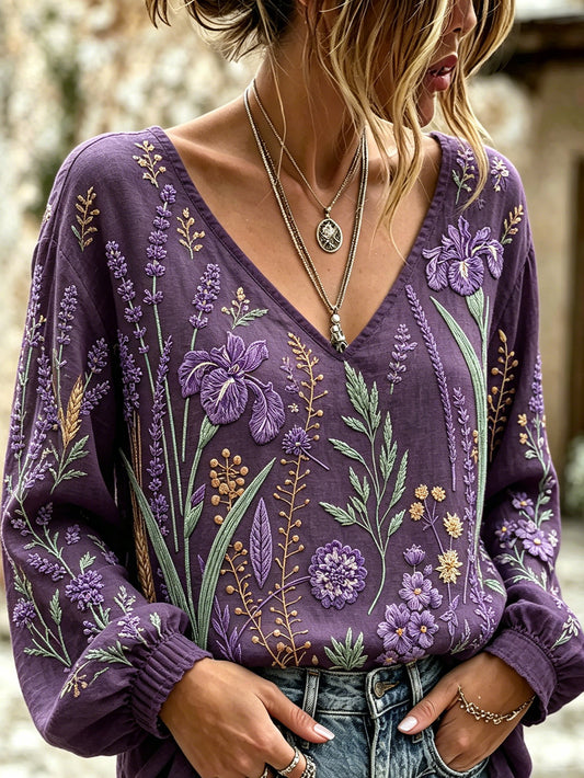 Women's Purple Plant Flower Pattern Printed Casual Cotton-Linen Shirt