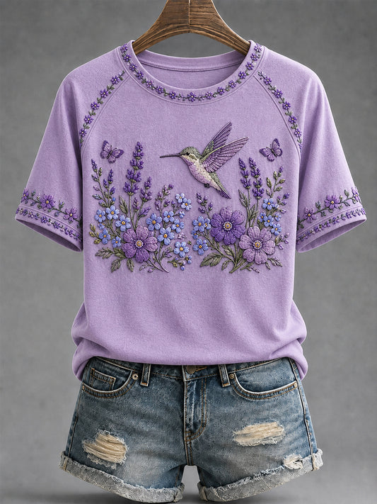 Women's Purple Floral & Hummingbird Print Alzheimer's Awareness Support Tee