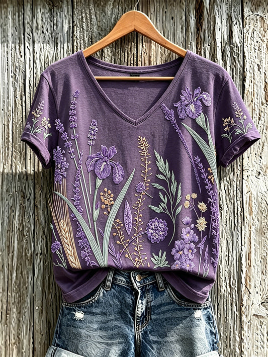 Women's purple plant flower pattern printed casual T-shirt