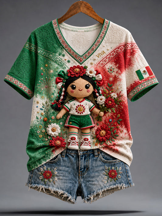 Women's Funny Lele Doll  Mexico Football Lover Art Printed T-Shirt
